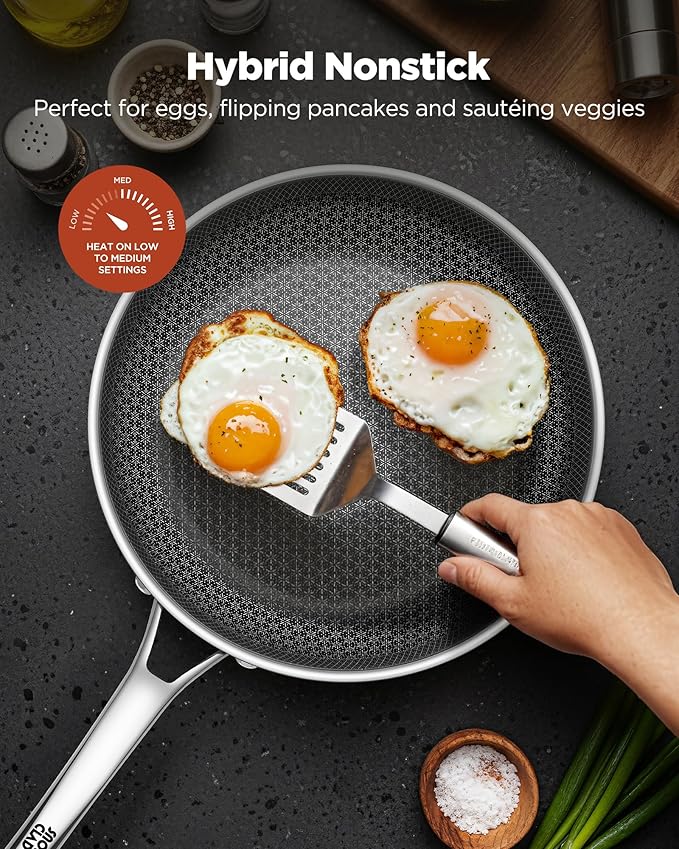 Non Stick Frying Pans, 8+10+12 inch with 2 Lid, Hybrid Frying Pans Set Nonstick,non stick Skillets Stainless Steel, Dishwasher & Oven-Safe, Induction Compatible Cooking Pan, PFOA Free Cookware