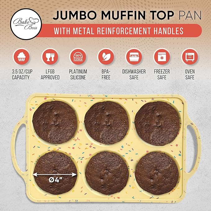 Jumbo Top Silicone Muffin Pans for Baking, 4 Inch Silicone Jumbo Muffin Pan 6 Cup, Egg Pan for Baking English muffins, Whoopie Pies, Corn Bread Bites, Confetti Muffin Top Pans Non Stick