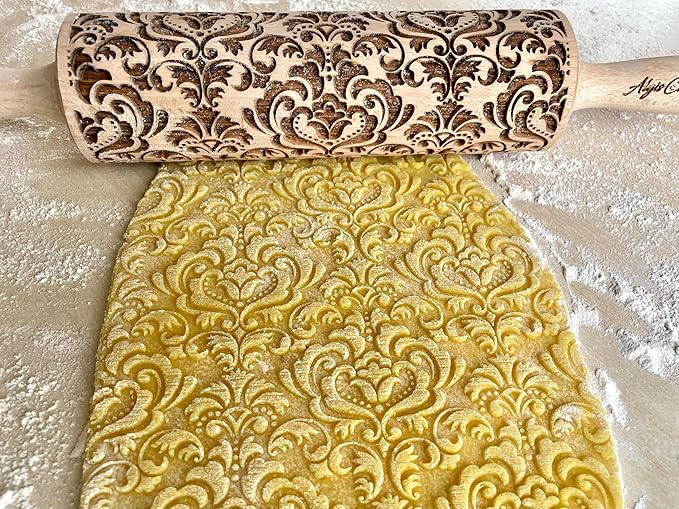 DAMASK Rolling Pin. Embossed cookies with flowers DAMASK PATTERN. Wooden embossing rolling pin with ORIENTAL FLOWERS for Homemade Cookies and Pottery by Algis Crafts