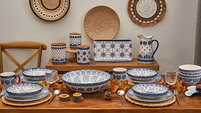 Bico Blue Talavera Pasta Bowls, 35oz Salad Bowl Set of 4, Large Ceramic Serving Dinner Bowls for Soup and Cereal, Microwave and Dishwasher Safe, Gift for Housewarming and Thanksgiving
