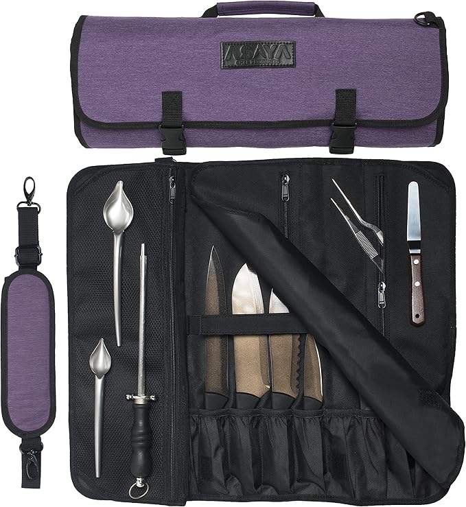 Asaya Chef Knife Roll Bag - 20 Total Pockets for Knives and Kitchen Utensils - Made with Stain Resistant Waxed Nylon - For Chefs and Culinary Students - Knives Not Included (Purple)