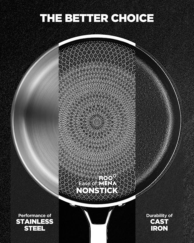 Pots and Pans Set Hybrid Stainless Steel, 10PC Nonstick Tri-Ply Cookware Set w/Frying pan, Dishwasher & Oven Safe, PFOA-Free, Metal Utensil Safe, Suitable for All Cooktops