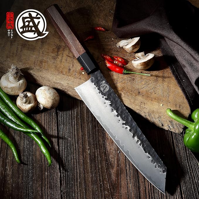 MITSUMOTO SAKARI Kiritsuke Chef Knife 9 inch - Hand Forged Japanese Kitchen Knives, 3-Layer 9CR18MOV High Carbon Steel, Rosewood Handle & Sandalwood Box