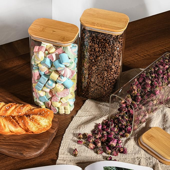 64oz Rectangle Airtight Glass Storage Containers with Bamboo Lids (Set of 3), Square Food Storage Jar, Pantry Organizers for Cereal, Flour, Pasta and Coffee beans (‎with Black Lable)