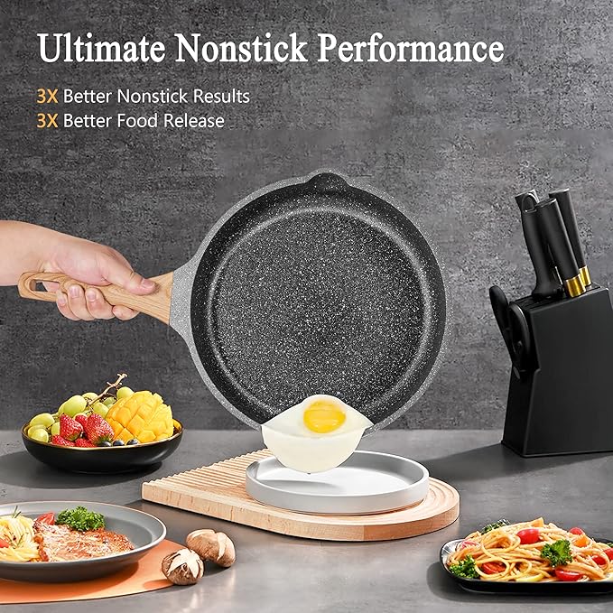 Non Stick Frying Pan Set with Lids, Granite Skillet Set, Egg Omelette Pans for Cooking Pan Set, No Toxic Kitchen Cookware Set Compatible with All Stovetops (Gas & Induction), PFOA Free, Gift