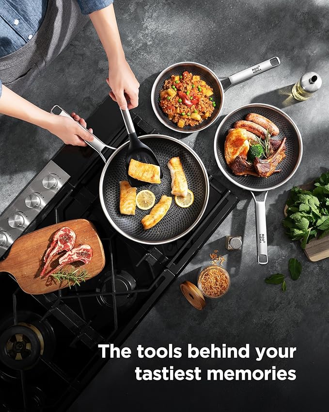 Non Stick Frying Pans Hybrid Ceramic, 12 Inch Tri-Ply Stainless Steel Skillet, Non-Toxic, PFAS/PFOA/PTFE Free, Metal Utensil Safe, Dishwasher & Oven Safe, Induction Compatible