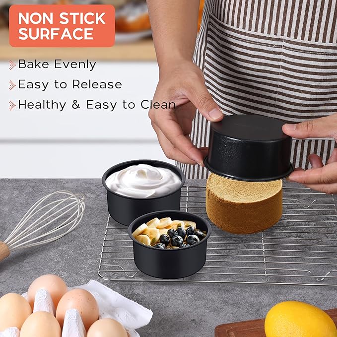 Onader Small Mini Round Cake Pan, 4 Inch Smash Cake Bake Pans Sets of 3 for Baking, Stainless Steel Baking Tins for Birthday Wedding, Nonstick