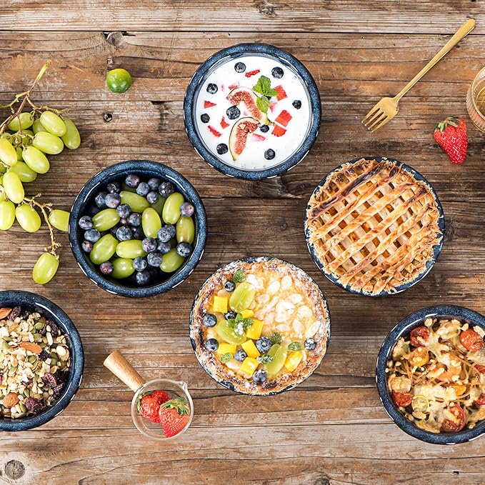 vicrays Ceramic Pie Pan for Baking - 5.5 inch Small Pie Plates Deep Dish Round Pot Casserole Mini Serving Bowl, Microwave Oven Safe for Dessert Apple Pie Cake Tart Pizza, Set of 6 - Blue