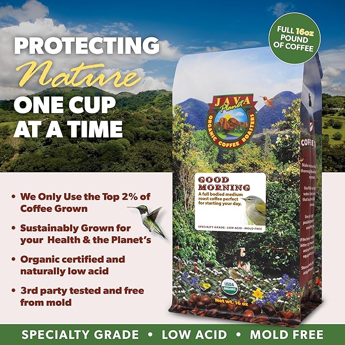 Low Acid Organic Coffee – Whole Bean, Mold-Free & Stomach Friendly by Java Planet, Good Morning Blend Coffee, Medium Roast, Smooth Full Flavored, 1LB Bag
