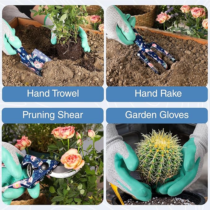 WORKPRO Aluminum Garden Tool Set, 4PCS Heavy Duty Hand Garden Tools with Box Include Trowel, Rake, Pruner, Garden Gloves, Floral and Insect Printing, Garden Gifts