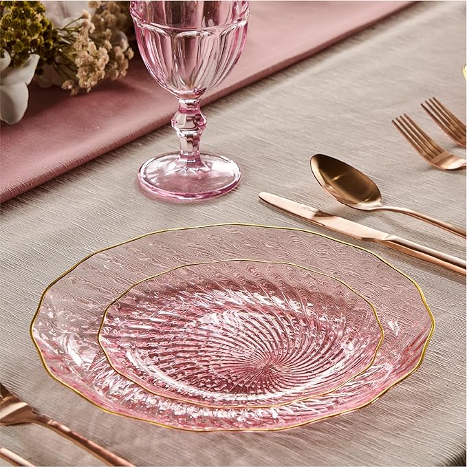 PLASTICPRO 120 Pack Plastic Plates Set of 60-10 inch Plates and 60-7 inch Plates, Elegant Clear Pink Spiral and Gold Rim Disposable Fancy Plates Premium Heavyweight