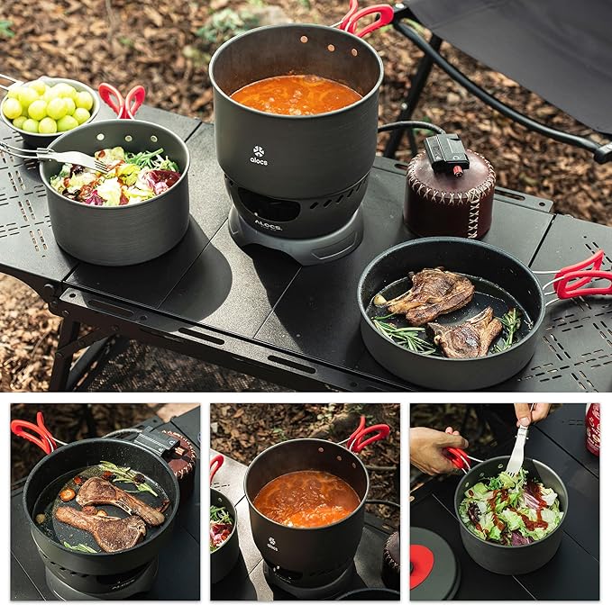 Alocs Camping Cookware Set Camping Gear, Compact Camping Pots and Pans Set, Durable Hard Alumina Camping Cooking Set for Outdoor Backpacking Camping Hiking Picnic, Included Mesh Carry Bag