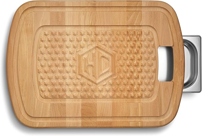 HexClad Hybrid Beechwood Carving and Cutting Board with Stainless Steel Drip Tray, Carrying Handle, and Juice Trenches, Double-Sided