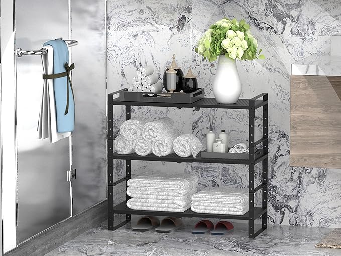 Expandable Stackable Aadjustable Shoe Rack Pantry Shelf for Kitchen Cabinets Counter Shelves Countertop Cupboard Storage Solution,Sturdy Heavy-Duty Metal Construction(3Packs/Black/Medium)