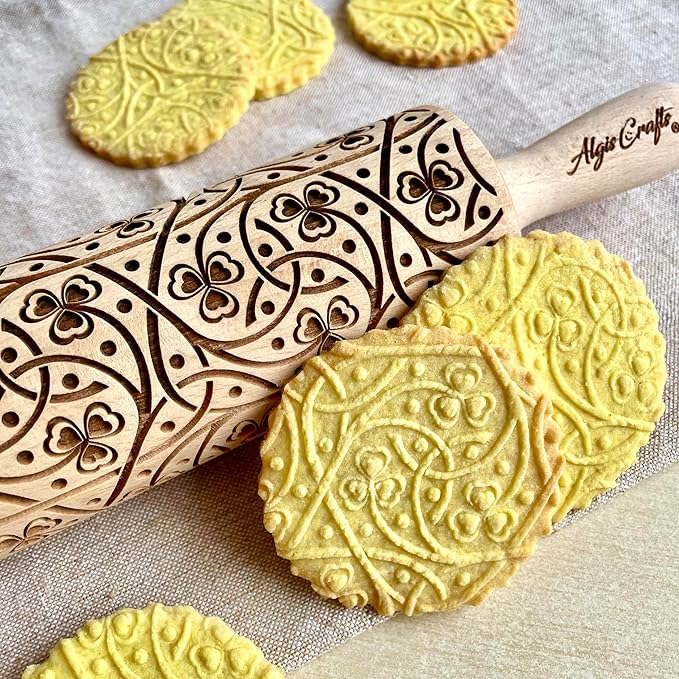 IRISH CLOVER KNOT Embossing Rolling Pin. Dough Roller with Shamrock Pattern for Homemade Cookies and Pottery by Algis Crafts