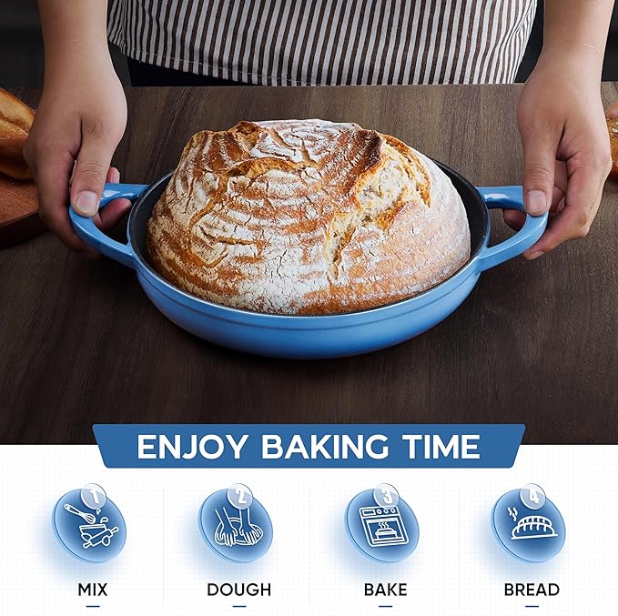 E-far Dutch Oven for Sourdough Bread Baking, 6 Qt Round Enameled Cast Iron Dutch Oven for Homemade Artisan Bread, Dome Lid & Shallow Base, Matte Black Interior & Durable, Oven-Safe to 500℉, Blue