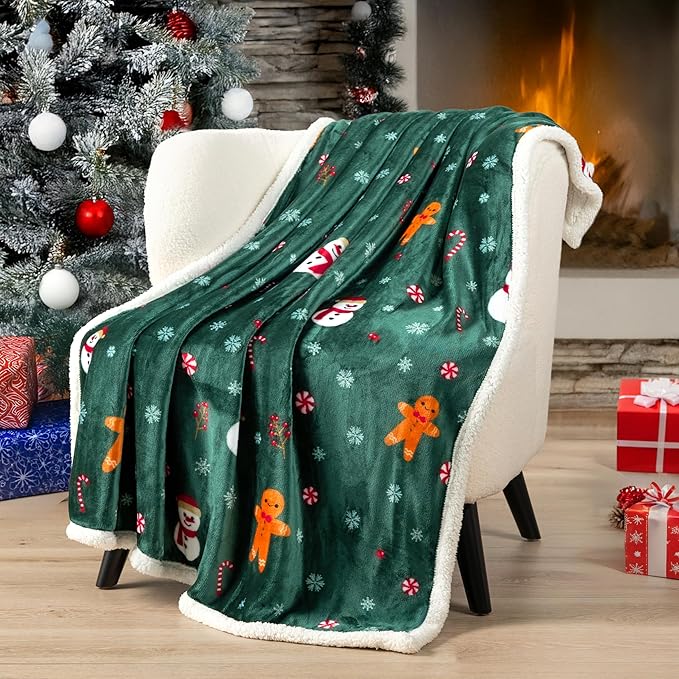 PAVILIA Premium Christmas Sherpa Throw Blanket | Christmas Decoration Gift, Fleece, Plush, Warm, Cozy Reversible Microfiber Holiday Blanket | Green Gingerbread - 50x60