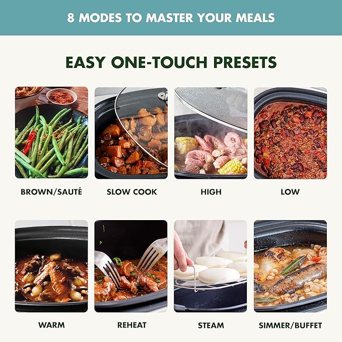 GreenPan Elite 8-in-1 Programmable 6QT Electric Slow Cooker, Dishwasher Safe Lid & Removable Crock, PFAS-Free Healthy Ceramic Nonstick Multi-Cooker, Sear, Sauté,Brown, Steam Basket, Roast, Deep Teal