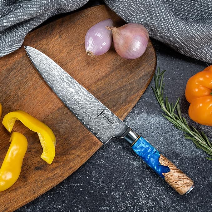 SENKEN Damascus Steel Chef's Knife - Tsunami Collection - 67-Layer Japanese VG10 Steel Core - Unique Blue Resin & Natural Wood Handle, Razor Sharp, Beautiful Damascus Wave Pattern (8" Chef's Knife)