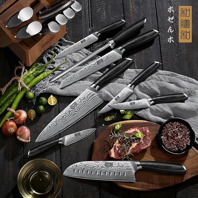 HOSHANHO 16-Piece Knife Set with Block, Ultra Sharp High Carbon Powder Steel Knife Block Set, Chef Knife Set Professional Kitchen Knives Set with Sharpener and Pakkawood Handle