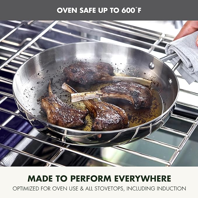 GreenPan Valencia Tri-Ply Stainless Steel 12" Frying Pan, Induction Ready Skillet, Mirror Finish, Dishwasher Safe & Oven/Broiler Safe to 600F, Compatible with All Cooktops, Silver
