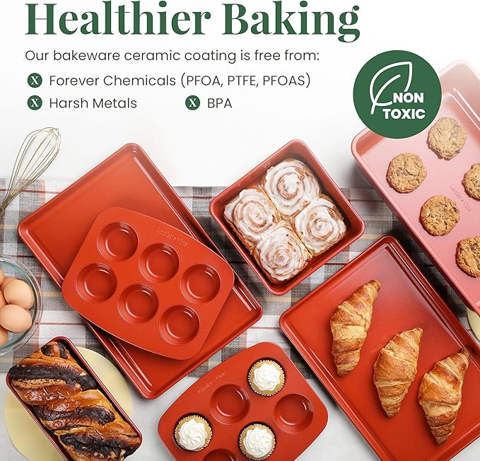 Larder & Vine 8-Piece Bakeware Set | Non-Stick Baking Set with Ceramic Finish | PFAS, PFOA, PTFE, and BPA Free Baking Essentials | Baking Sheets, Muffin Tins and Assorted Baking Pans | Cabernet