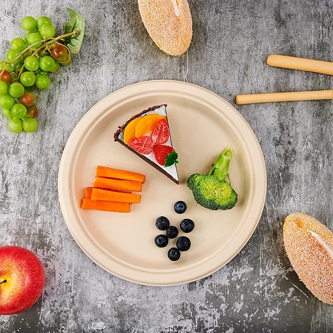 Vplus 150 Pack Compostable Disposable Paper Plates 10 inch Super Strong 100% Bagasse Natural Biodegradable Eco-Friendly Sugarcane Plates(nature)