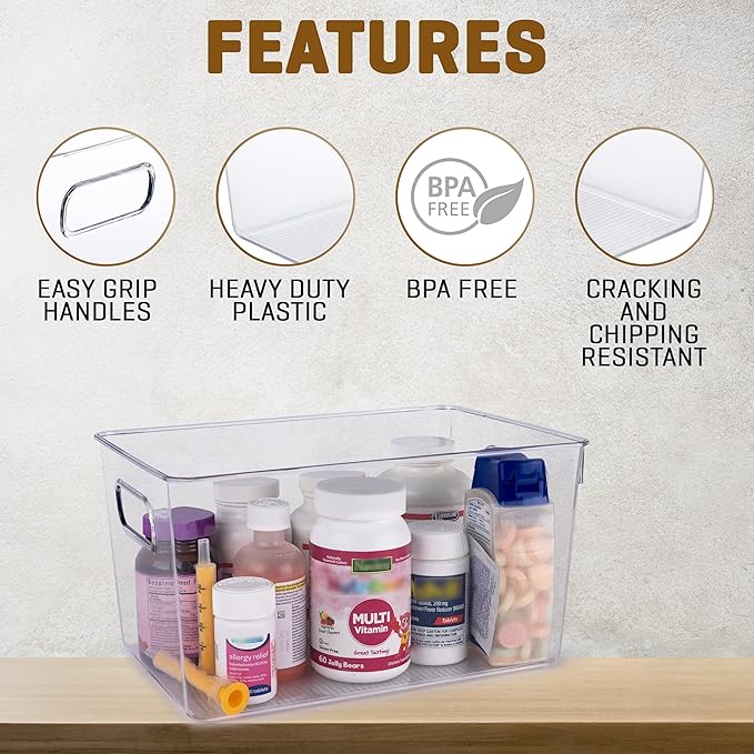Clear Plastic Storage Bins, Pantry Organizers and Storage Containers Fridge Organizer Bins for Organizing Kitchen Cabinet Organizer Bin Bathroom Freezer Refrigerator Organization