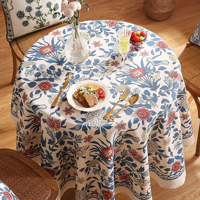 patdrea Designer Blue Tablecloth for Round Table,Vintage Linen with Leaves and Floral Pattern Tablecloths,Farmhouse Decor Cover for Kitchen Dining Christmas,Thanksgiving,Diameter 67"-Ivar a