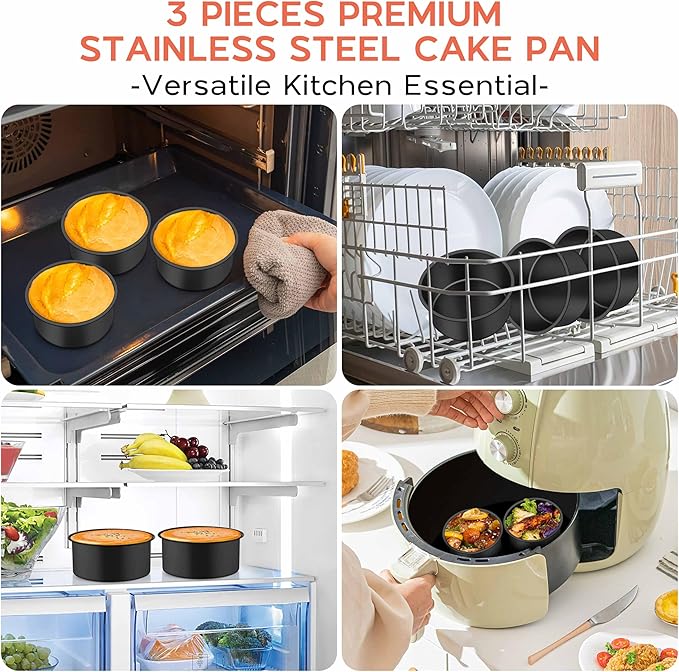 Onader Small Mini Round Cake Pan, 4 Inch Smash Cake Bake Pans Sets of 3 for Baking, Stainless Steel Baking Tins for Birthday Wedding, Nonstick