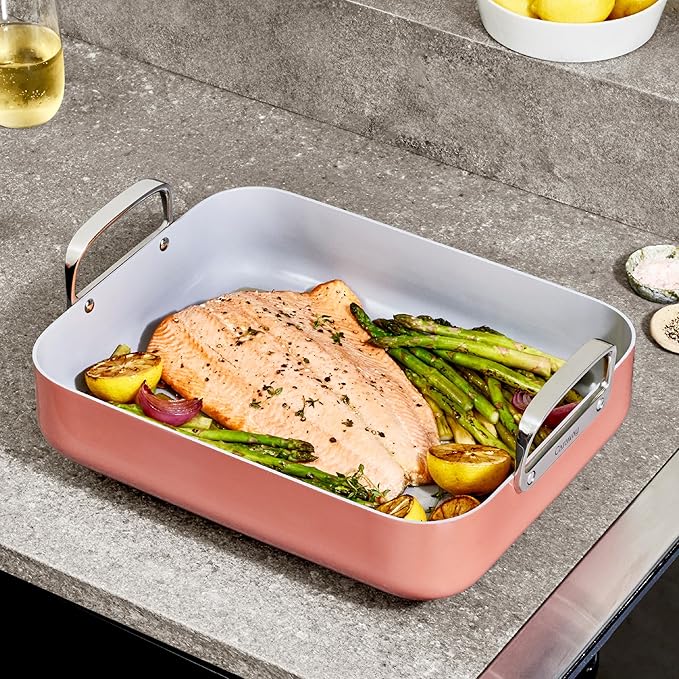 Caraway Roasting Pan - 16x13” Roasting Pan with Rack - Non-Stick Ceramic Coated - Non Toxic, PTFE & PFOA Free - Oven Safe & Compatible with All Stovetops - Sage