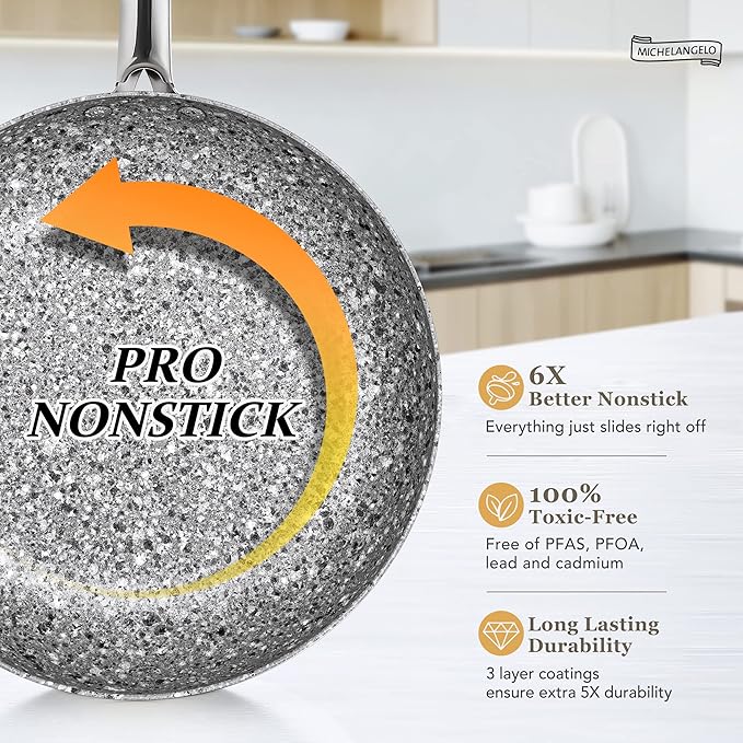 MICHELANGELO Frying Pan with Lid, Nonstick 12 Inch Frying Pan with Non toxic Granite Coating, Granite Frying Pan, Nonstick Frying Pans with Lid, Induction Compatible