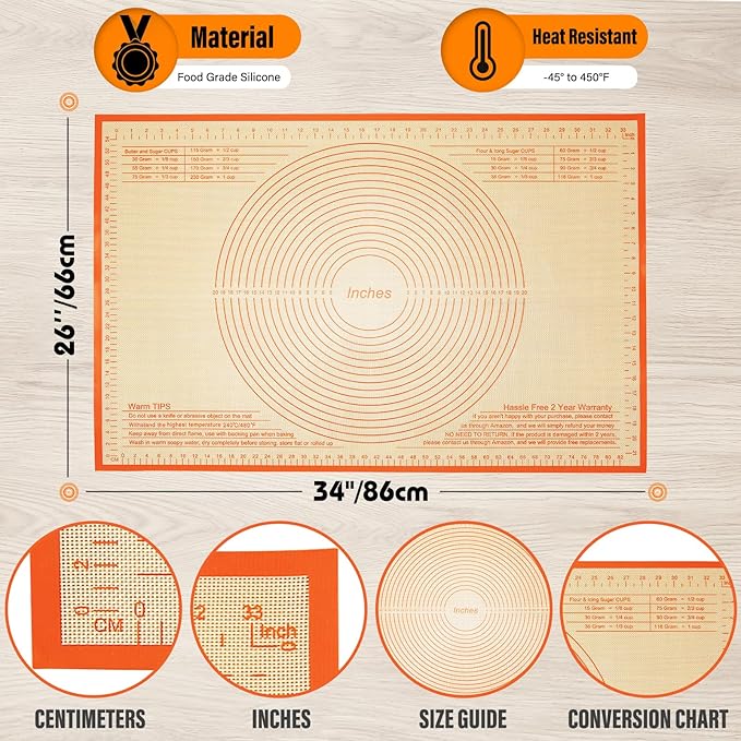 Silicone Pastry Mat 36x24 Inch - Nonstick Baking Mat Perfect for Dough, Pastry, Pie Crust, Fondant, Bread, Cookies, Pasta, Pizza