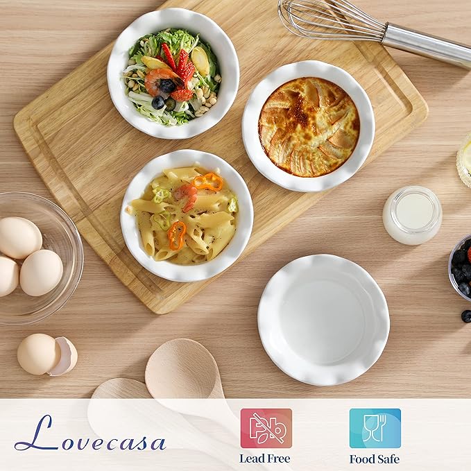 LOVECASA Ceramic Mini Pie Pans Set of 6-5.5 Inch Oven Safe Small Pie Dishes, Nonstick Mini Pot Pie Baking Tins for Chicken Pot Pie, Tarts, Quiches & Desserts, Stackable Ruffled Rims, White