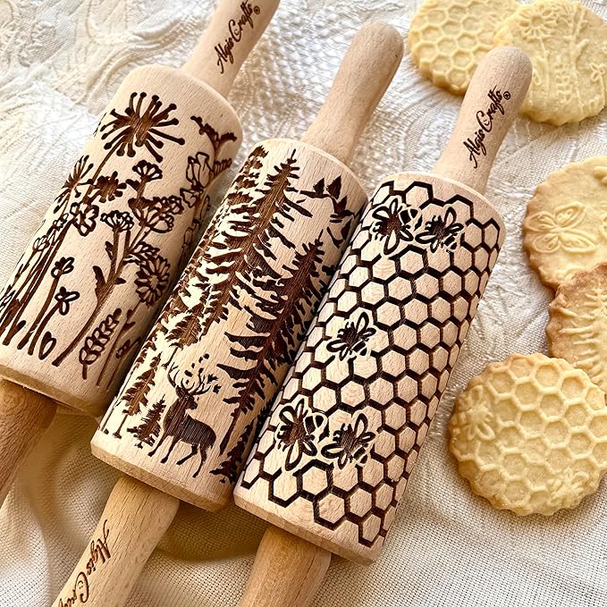 WILD 3 mini Embossed Rolling Pin Set with Bees, Meadow and Forest Patterns by Algis Crafts for Cookies and Pottery by Algis Crafts