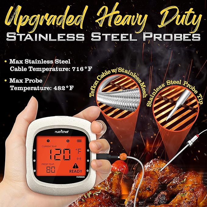 Nutrichef Bluetooth Meat Thermometer for Grilling and Smoking with 4 Wireless Meat Probes, 4 Channels with LCD Display