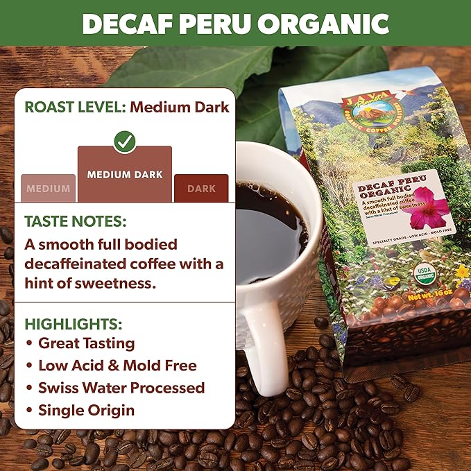 Low Acid Organic Coffee – Whole Bean, Mold-Free & Stomach Friendly by Java Planet, Peruvian Single Origin Decaf Coffee, Water Process, Medium Dark Roast, Smooth Full Flavored, 5LB Bag