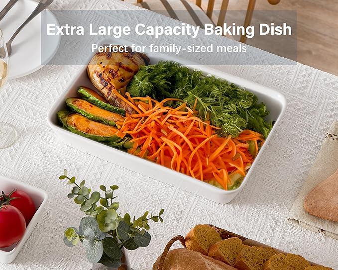 ONEMORE Ceramic Baking Dish, 9x13 Baking Pan Casserole Dish Large Rectangular Baking Dishes for Oven Deep Dish Lasagna Pan for Family Meals Ribbed White Bakeware for Roasting & Serving