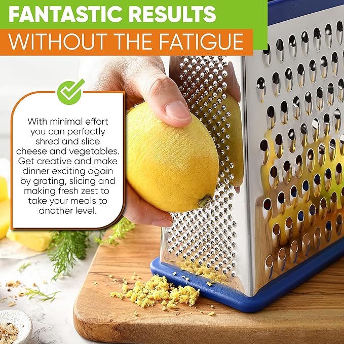 Spring Chef Stainless Steel XL Parmesan Cheese Grater with Handle - 4 Sided Metal Box Grater for Kitchen - Dishwasher Safe Potato Shredder for Hash Browns, Potato, Carrot, Vegetables - Sapphire