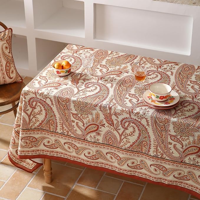 ISAENNE Designer French Red Square Tablecloth,Fall Linen Table Cloth with Cashew Pattern,Stain Proof Decor Tablecloths for Dining Thanksgiving Kitchen Christmas,67"*67"-Chauffrey D