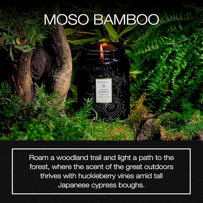 Voluspa Moso Bamboo, Large Candle Jar, 18 ounce, 100 Hour Burn Time, Coconut Wax for Clean Burning, Handcrafted in the USA