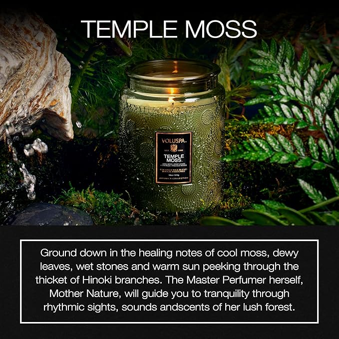 Voluspa Temple Moss, Large Candle Jar, 18oz, Coconut Wax Blend, Scented Candles for Home, 100 Hour Burn Time, Handcrafted in the USA