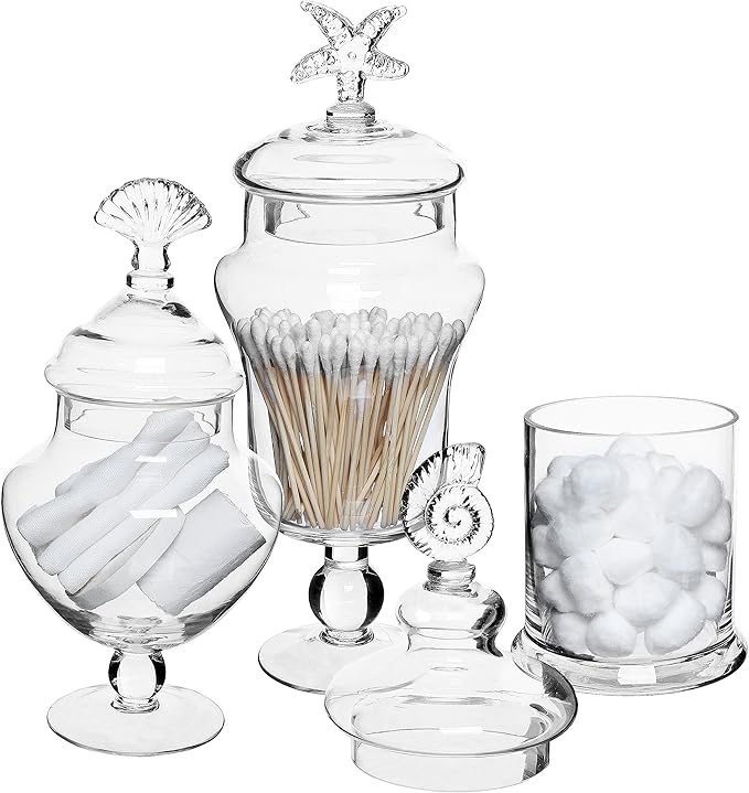 MyGift Clear Glass Apothecary Jars with Lid, Decorative Seashell Design Bathroom Canister, Footed Candy Buffet Containers, Set of 3