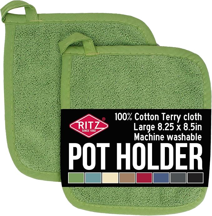 RITZ Terry Potholder & Hot Pad: Heat Resistant, Durable 100% Cotton – Ergonomically Designed for Optimal Grip, Easy-Care Machine Washable, Perfect for Your Kitchen – Cactus Green, 2-Pack