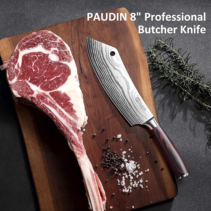 PAUDIN Meat Cleaver 8 Inch Butcher Knife, High Carbon Stainless Steel Cleaver Chef Knife, Sharp Kitchen Knife Heavy Duty Meat Cutting Knife, Wood Handle