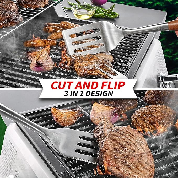 Heavy-Duty Rose Wooden BBQ Grilling Tools Set. Extra Thick Stainless Steel Multi-Function Spatula, Fork & Tongs | Essential Accessories for Barbecue & Grill. Ideal Gift for Father…