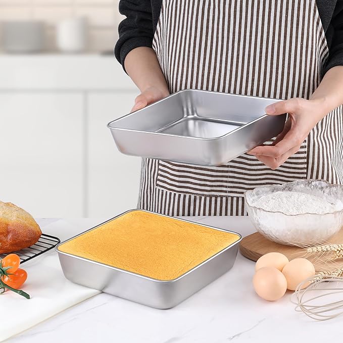 LIANYU 8 Inch Square Baking Cake Pan Set of 4, Stainless Steel Lasagna Brownie Bread Pan, Perfect for Birthday Party Wedding, Leakproof, Oven & Dishwasher Safe