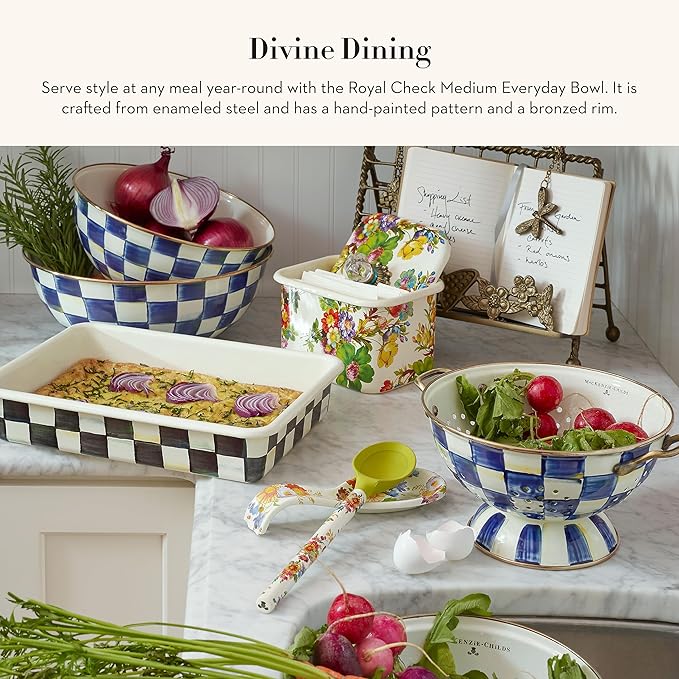 MACKENZIE-CHILDS Enamel Everyday Bowl, Serving Bowl for Entertaining, Medium, Blue-and-White Royal Check, Set of 1
