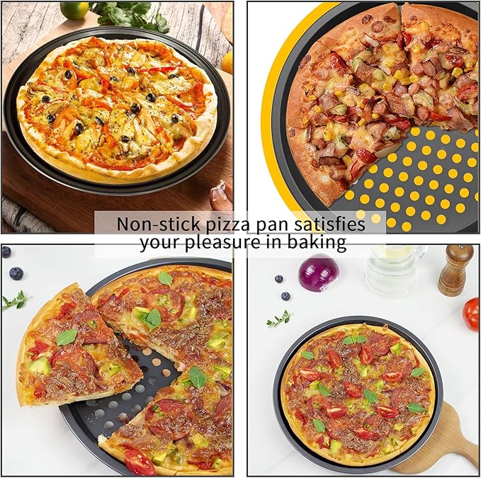 12.6 inch Pizza Pan With Holes, Carbon Steel Perforated Non-Stick Bakeware for Home Kitchen Oven, 2 Pack