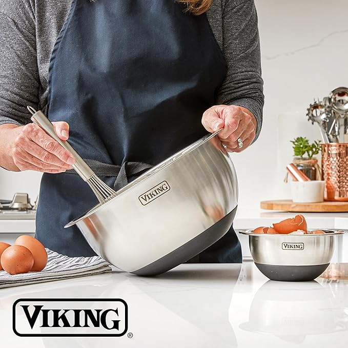 VIKING Mixing Bowls Set, 10 Piece Stainless Steel Kitchen Cookware, Non-Slip Silicone Base, Includes Tight Fit Lids, Dishwasher Safe, Black